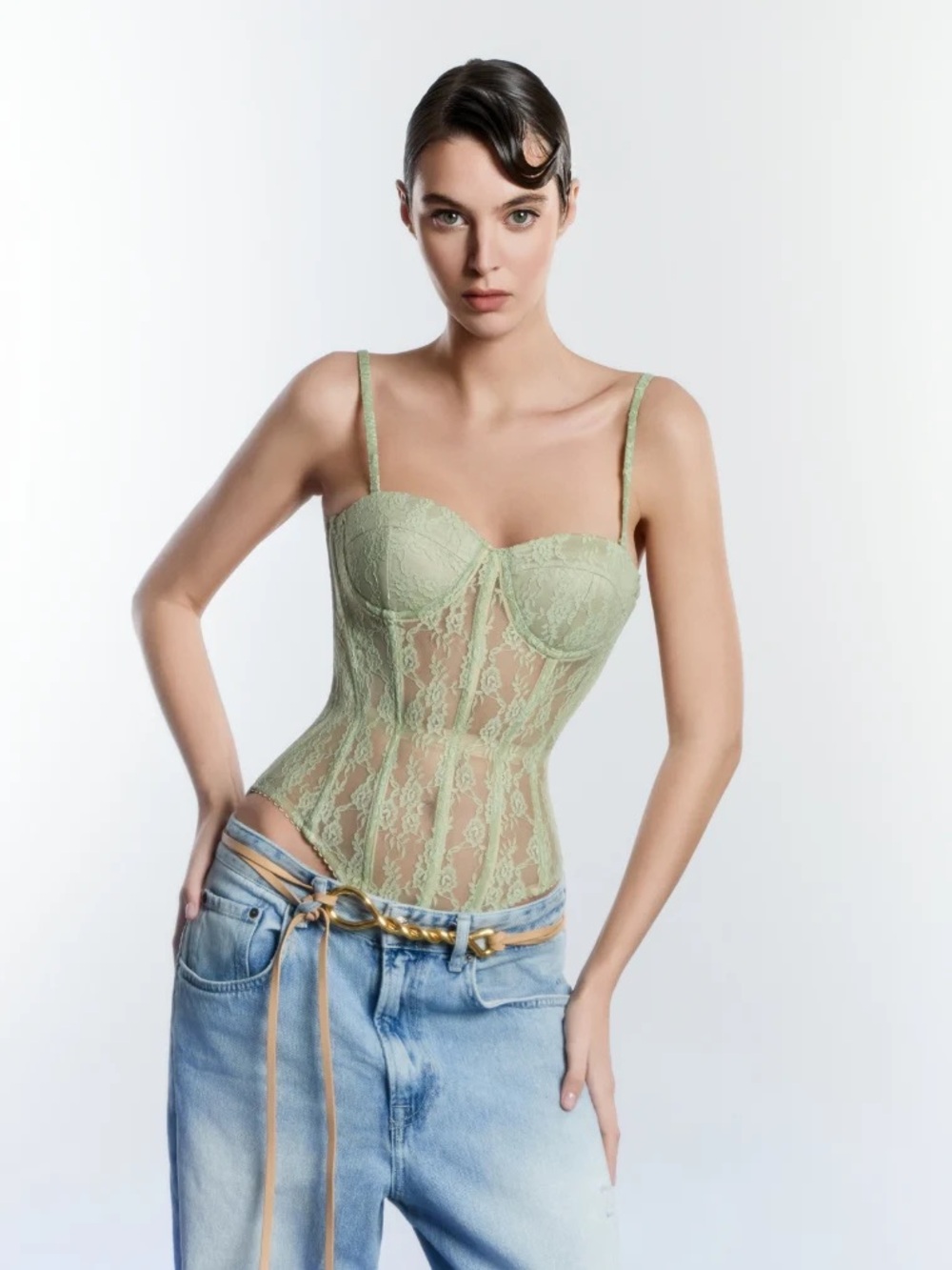 Lace Bustier Bodysuit in Light Sage